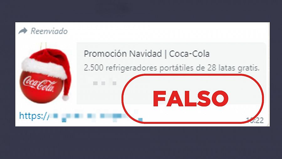 Mensaje de WhatsApp que difunde el falso sorteo de neveras portátiles, con el sello Falso en rojo de VerificaRTVE