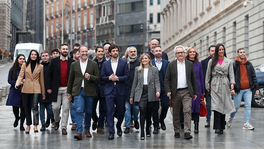 Adrián Vázquez y Patricia Guasp, respaldados por otros líderes de Cs como Arrimadas, Carrizosa o Villacís, durante la presentación de su candidatura a las primarias.