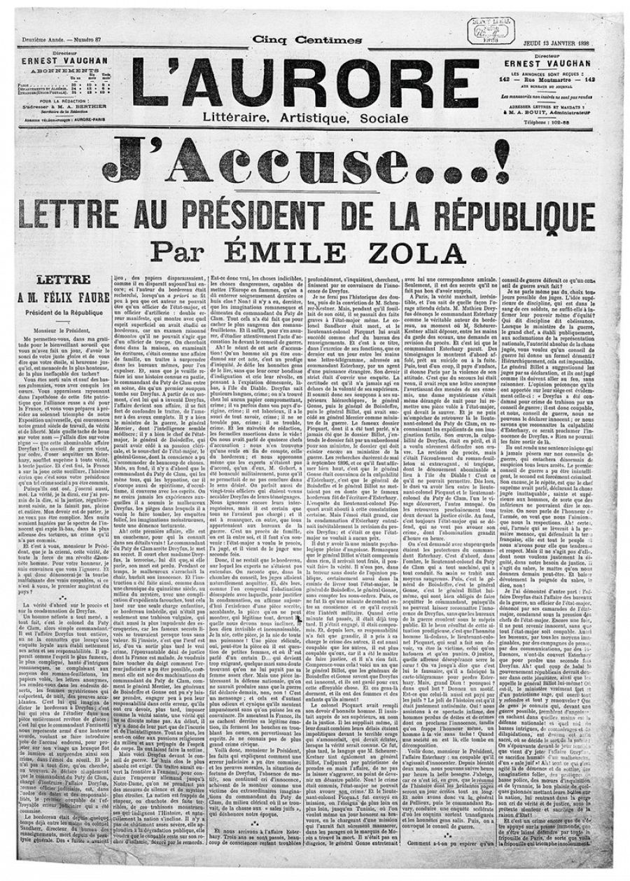 Artículo que destapó el caso Dreyfus, por Émile Zola