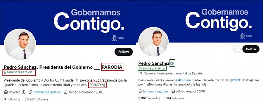 A la izquierda, la cuenta parodia de Pedro Sánchez, y a la derecha, la cuenta real y verificada del presidente del Gobierno