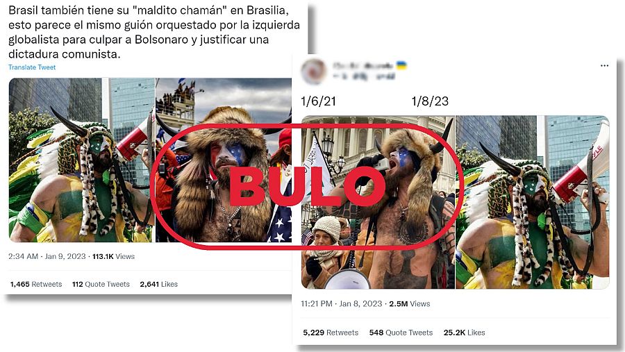 Mensajes que difunden el bulo de que un hombre disfrazado de chamán ha participado en el asalto a la democracia en Brasilia. Con el sello bulo.