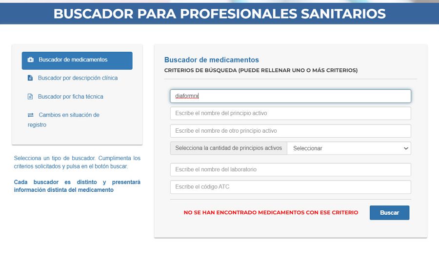 Ningún resultado de DiaformRX en el Buscador de Medicamentos de la Agencia Española de Medicamentos y Productos Sanitarios