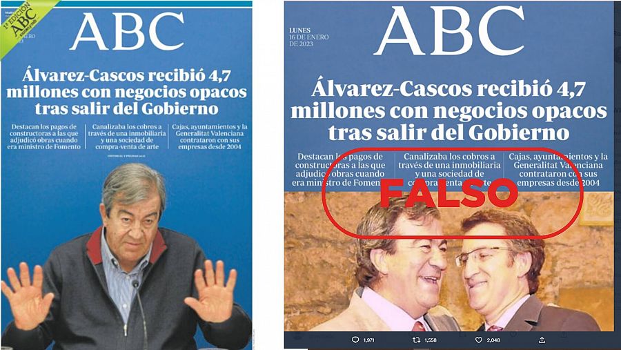 A la izquierda la portada real de ABC y a la derecha la portada manipulada, con el sello falso en rojo de VerificaRTVE