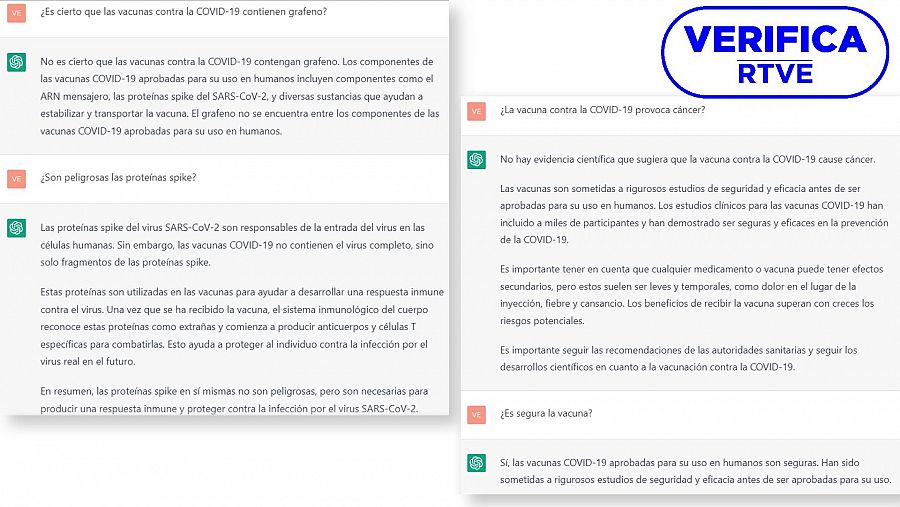 Conversación con la IA Chat GPT en la que hacemos preguntas sencillas sobre la vacuna contra la COVID-19, con el sello 'VerificaRTVE' en azul