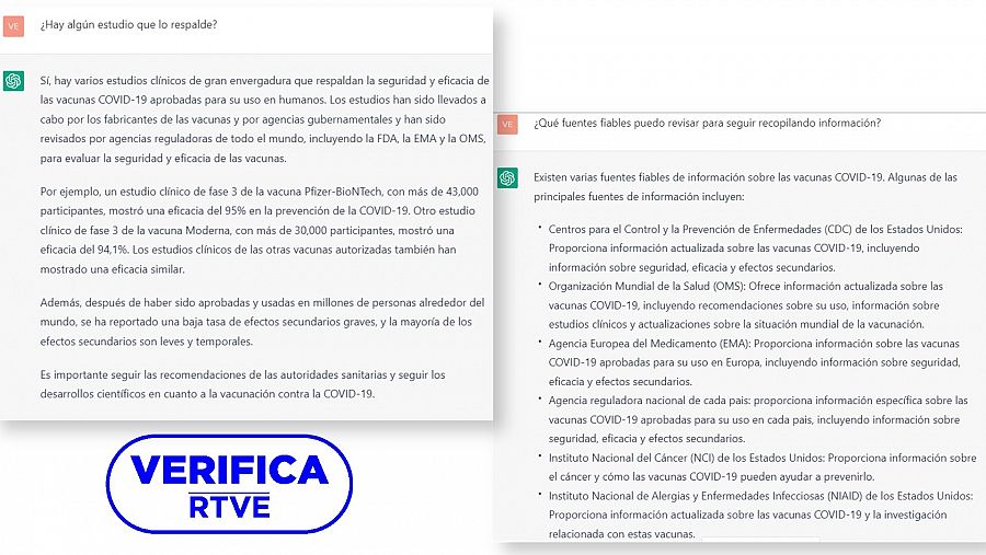 Conversación con la IA Chat GPT en la que hacemos preguntas sobre conseguir fuentes fiables, con el sello 'VerificaRTVE' en azul