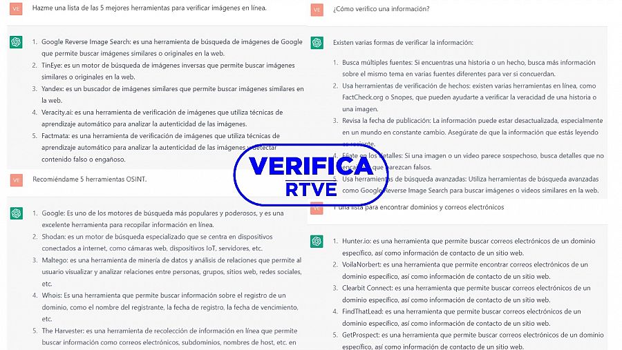 Conversación con la IA Chat GPT en la que pedimos que nos recomiende herramientas y métodos OSINT, con el sello 'VerificaRTVE' en azul