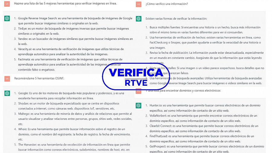 Conversación con la IA Chat GPT en la que pedimos que nos recomiende herramientas y métodos OSINT, con el sello 'VerificaRTVE' en azul