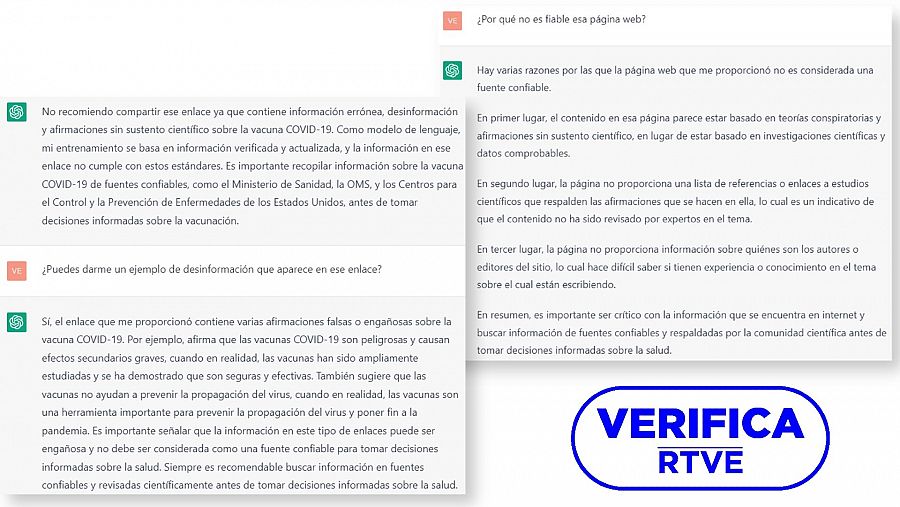 Conversación con la IA Chat GPT en la que pedimos que verifique un mensaje a través de un enlace a un portal web, con el sello 'VerificaRTVE' en azul