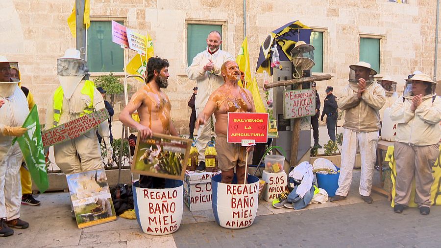 Apicultores impregnándose en miel como señal de protesta