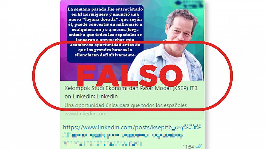 Imagen del mensaje falso publicado en Linkedin para promocionar la plataforma de criptomonedas que utiliza la imagen de Jorge Sanz. Con el sello falso.