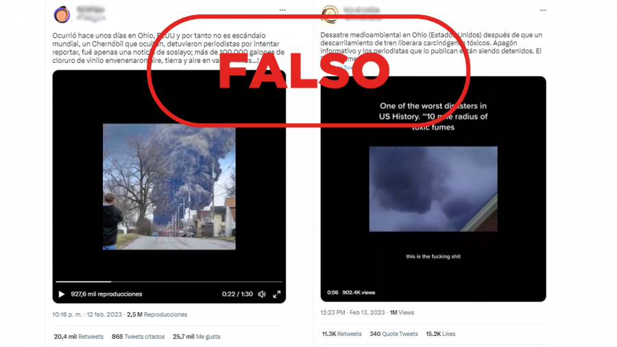 Mensajes de Twitter que difunden desinformación sobre el descarrilamiento de un tren en Ohio y sus consecuencias, con el sello 'Falso' en rojo