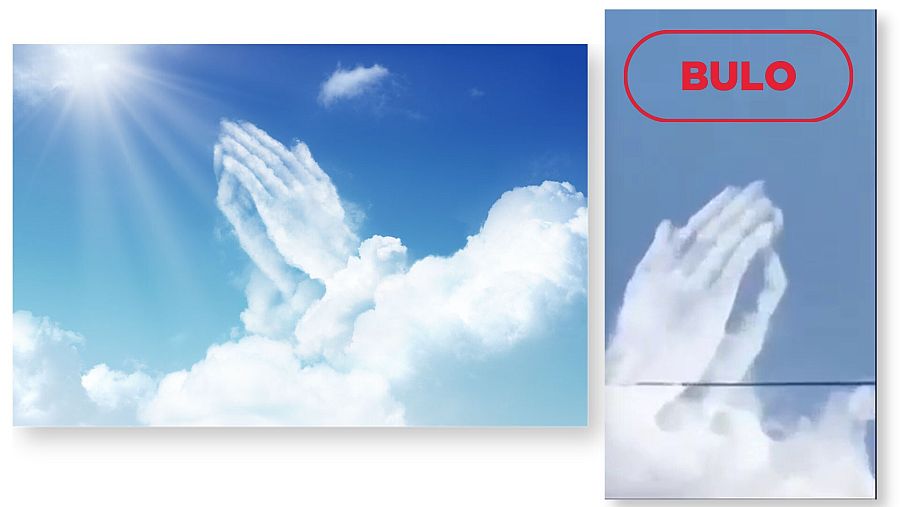A la izquierda, la imagen de las dos manos rezando publicada en 2015. A la derecha, vídeo difundido en redes que reproduce el bulo del cielo en Siria tras el terremoto, con el sello bulo sobre esta.