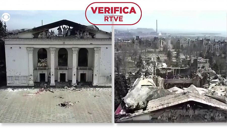 Dos imágenes de dron que muestran los destrozos del teatro de Mariúpol (Mariupol Now). Con el sello VerificaRTVE en rojo.