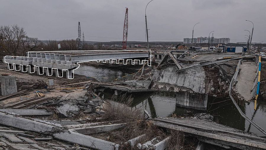 Ucrania está construyendo un nuevo puente en Irpin, junto a los restos del que voló para evitar el avance ruso hacia Kiev