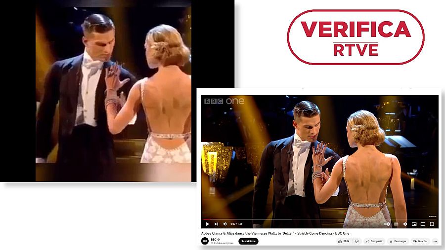 A la izquierda, captura del vídeo que difunde el bulo de que los bailarines son robots chinos. A la derecha, captura del vídeo original, la actuación de dos concursantes de un programa de la BBC