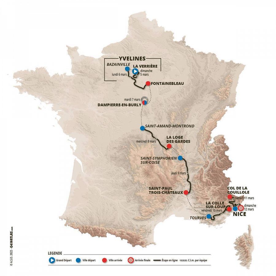 Mapa con el recorrido de la París - Niza 2023