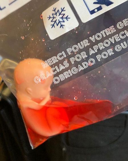 Una réplica de feto humano en una bolsa de plástico con líquido rojo