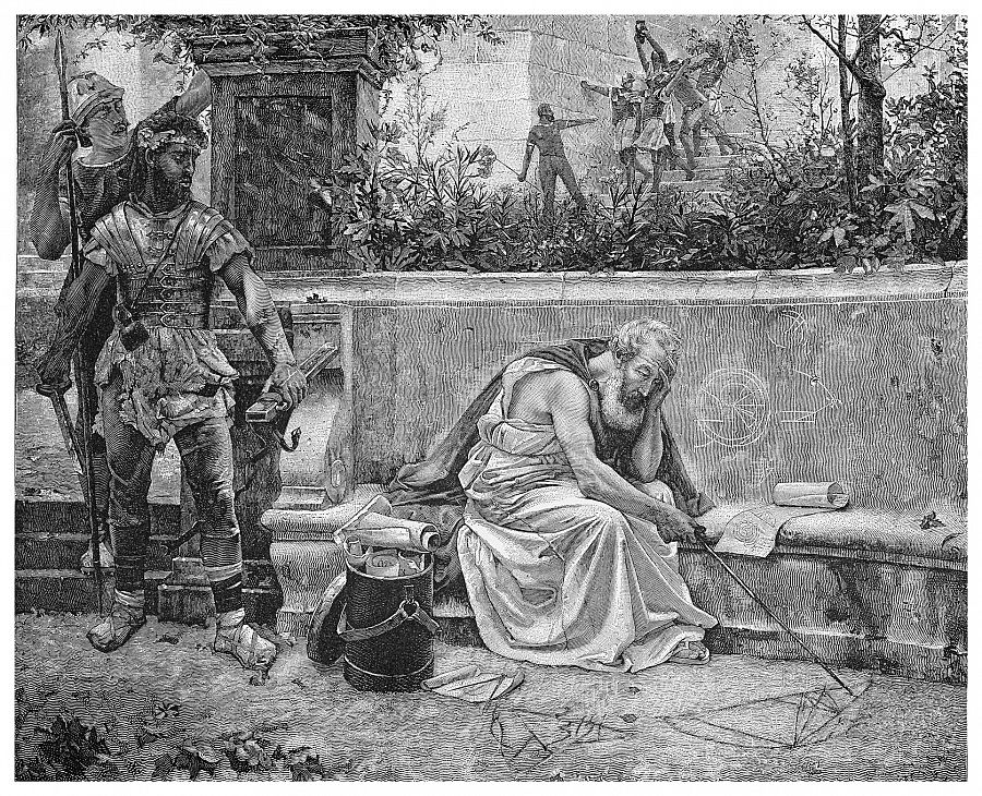 Old engraving illustration of death of Archimedes (ancient Greek mathematician, physicist and engineer)