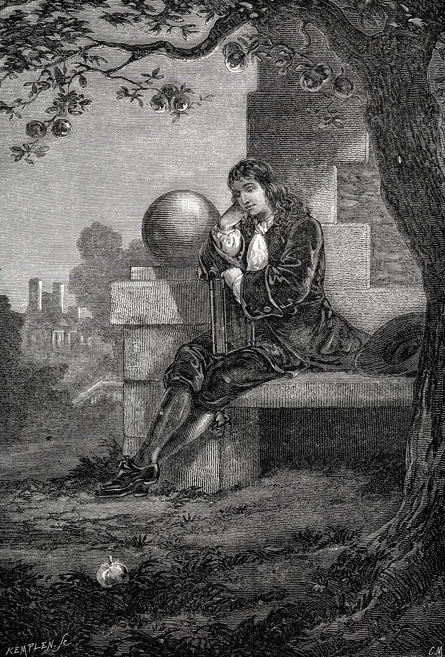 English scientist Isaac Newton sitting under apple tree
