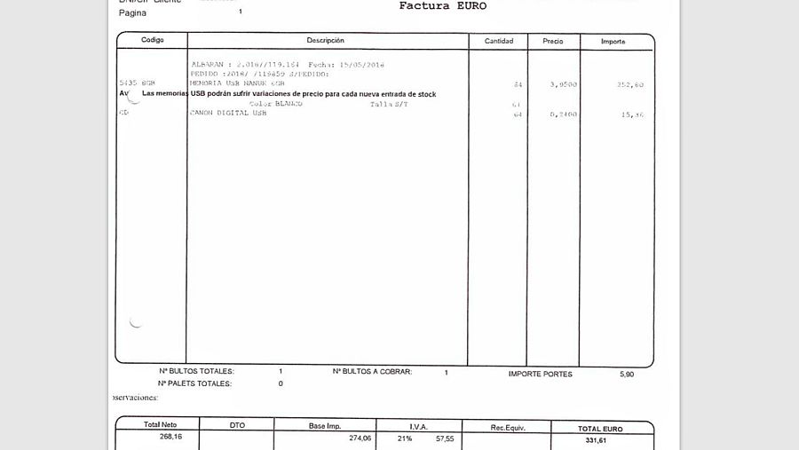 Caso Negreira: factura por importe de 331 euros por una memoria USB.