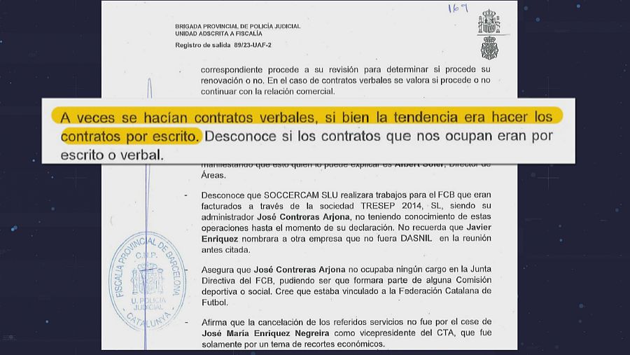 El sumari apunta que l'existència d'acords verbals en la relació de Negreira amb el Barça