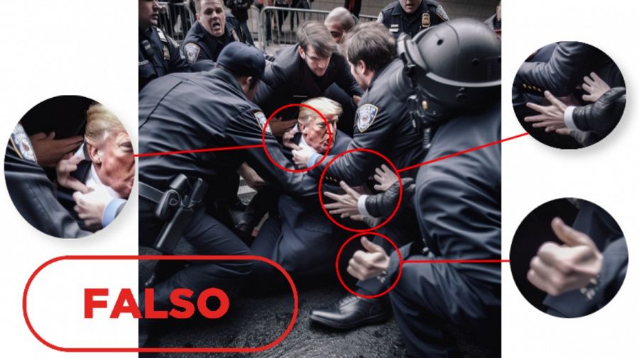 Imagen creada por IA que muestra el falso arresto de Donald Trump. En rojo, señaladas las manos de los integrantes que aparecen defectuosas. Con el sello falso en rojo.