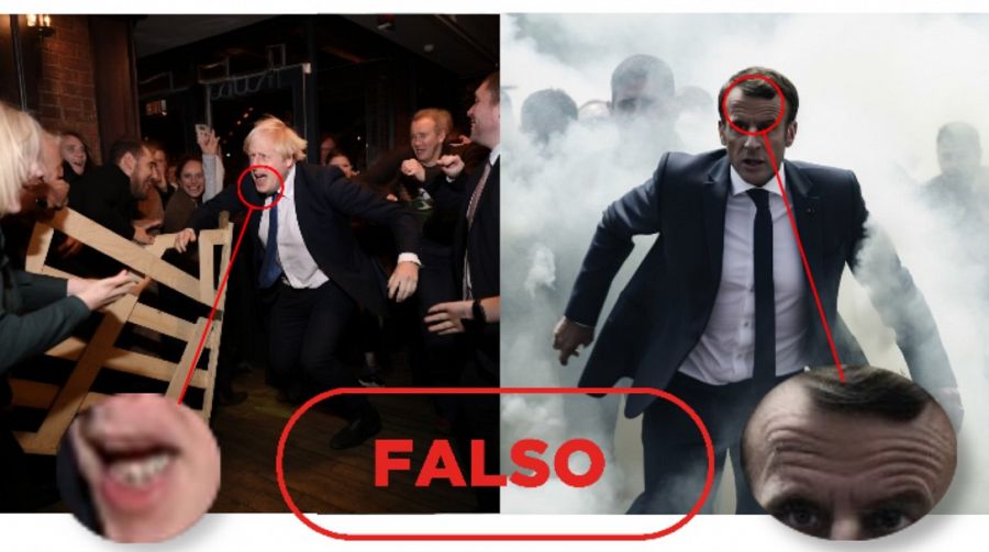 Imágenes generadas por IA. A la izquierda, imagen falsa de Boris Johnson en la que se ve un fallo en los dientes. A la derecha, imagen falsa de Emmanuel Macron en la que se ve la expresión de la frente exagerada. Con el sello falso rojo.