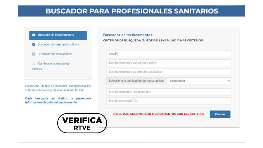 Captura que demuestra que el producto no consta en el Registro de la Agencia Española de Medicamentos y Productos Sanitarios con el sello: VerificaRTVE