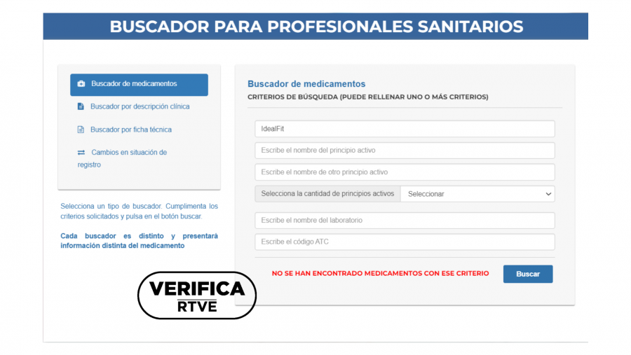  Captura que demuestra que el producto no consta en el Registro de la Agencia Española de Medicamentos y Productos Sanitarios con el sello: VerificaRTVE