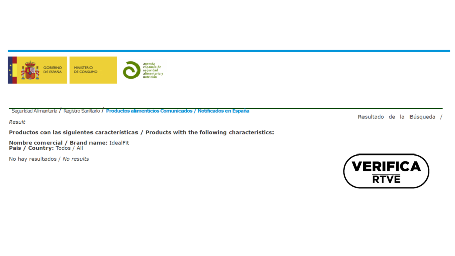 Captura que demuestra que el producto no consta en el Buscador de la Agencia Española de Seguridad Alimentaria con el sello: VerificaRTVE