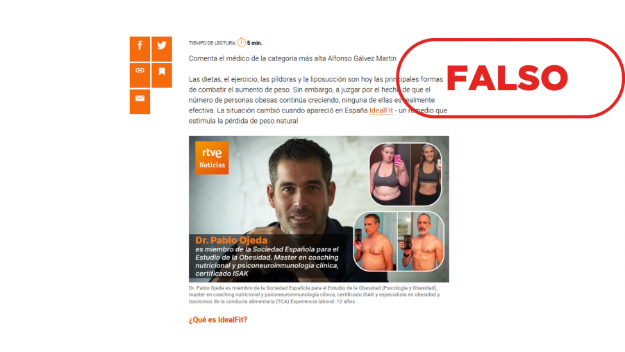 Captura de la web fraudulenta en la que aparece el nutricionista Pablo Ojeda, cuya imagen han utilizado sin consentimiento con el sello: Falso
