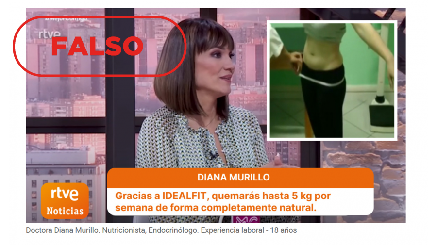 Imagen manipulada en la web fraudulenta que falsifica la identidad de Irene Villa con el sello: Falso