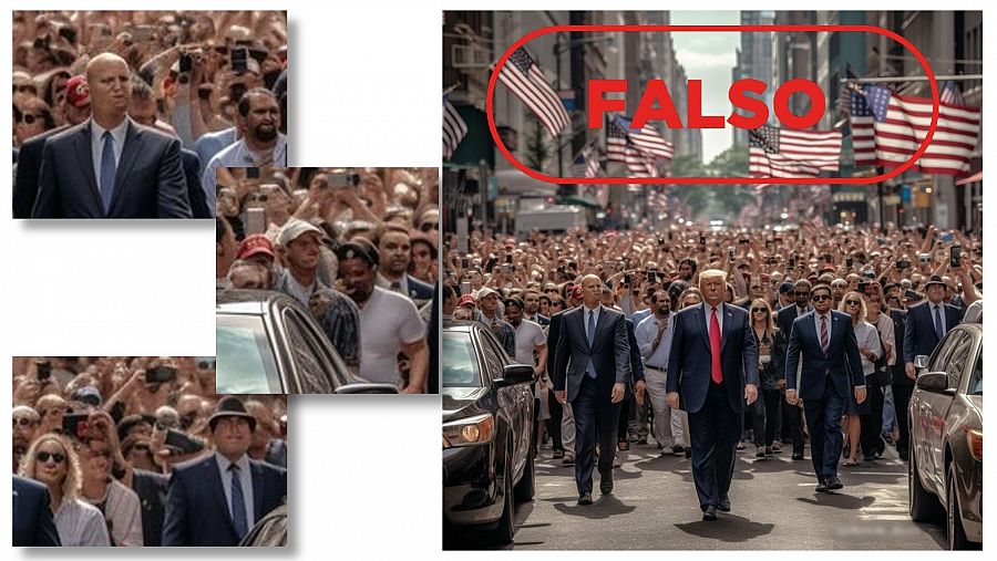 La imagen falsa de Trump difundida en redes y a la izquierda los detalles que denotan los defectos generados por la IA. Con el sello rojo falso.