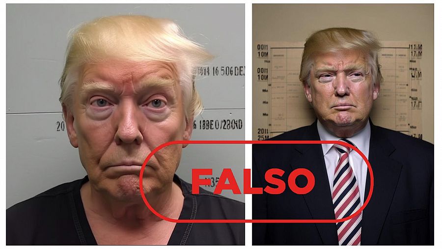 Fotografías falsas de la ficha policial de Donald Trump generadas por Inteligencia Artificial. Con el sello falso.