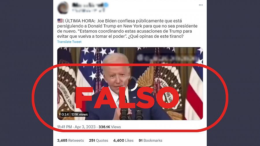 Tuit que difunde la falsa idea de que Biden ha confesado recientemente que persigue a Trump para que no sea presidente. Con el sello falso rojo.