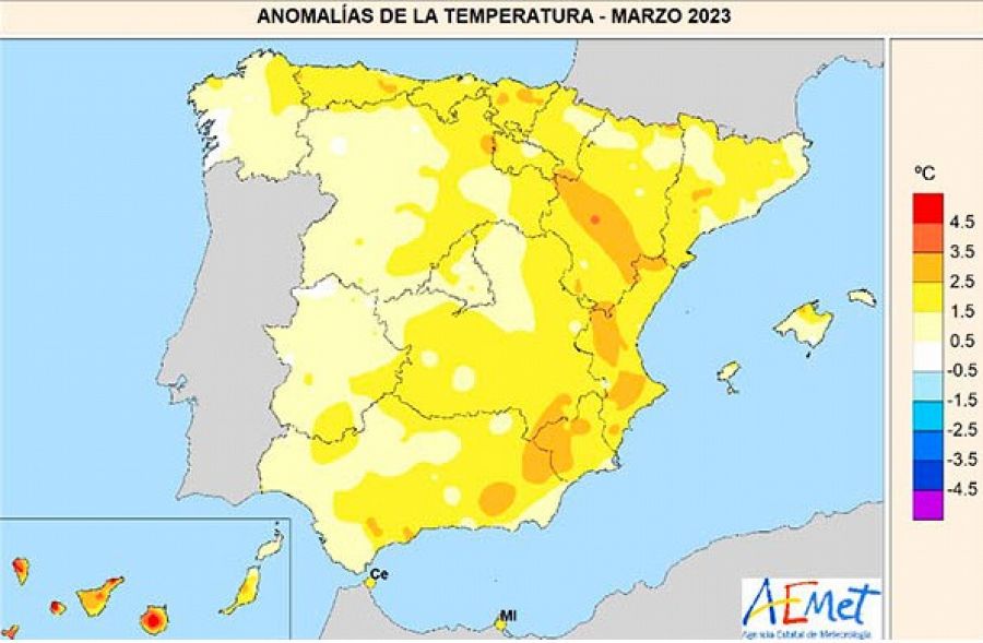 Anomalías de la temperatura en España, marzo 2023