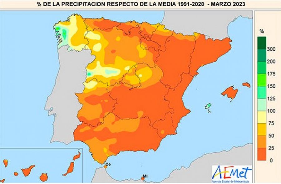 Porcentaje de precipitación en España con respecto a la media, marzo 2023