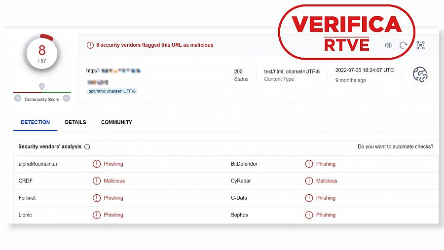 Captura de la página VirusTotal que alerta de contenido malicioso y de phishing. Con el sello VerificaRTVE en rojo.