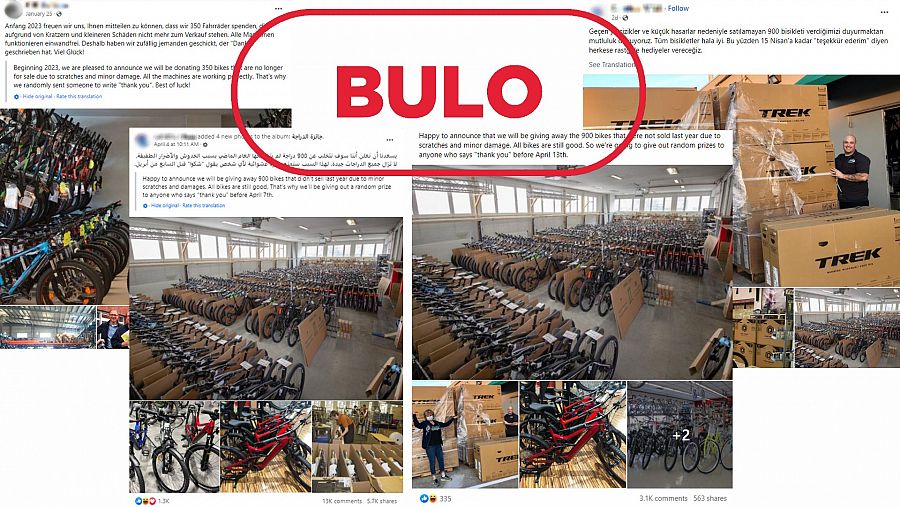 Publicaciones en Facebook que difunden el falso sorteo de bicicletas suplantando la identidad de diferentes compañías. Con el sello bulo en rojo.