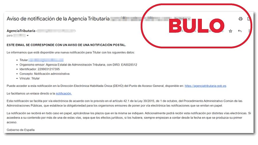El falso aviso de notificación que se hace pasar por la Agencia Tributaria. Con el sello bulo en rojo.