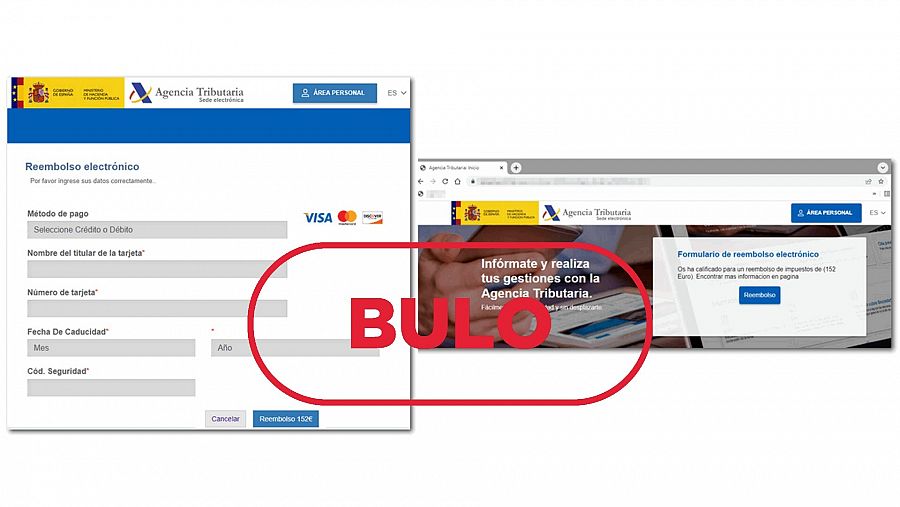 Web fraudulenta que simula la apariencia de la Sede electrónica de la Agencia Tributaria. Con el sello bulo en rojo.