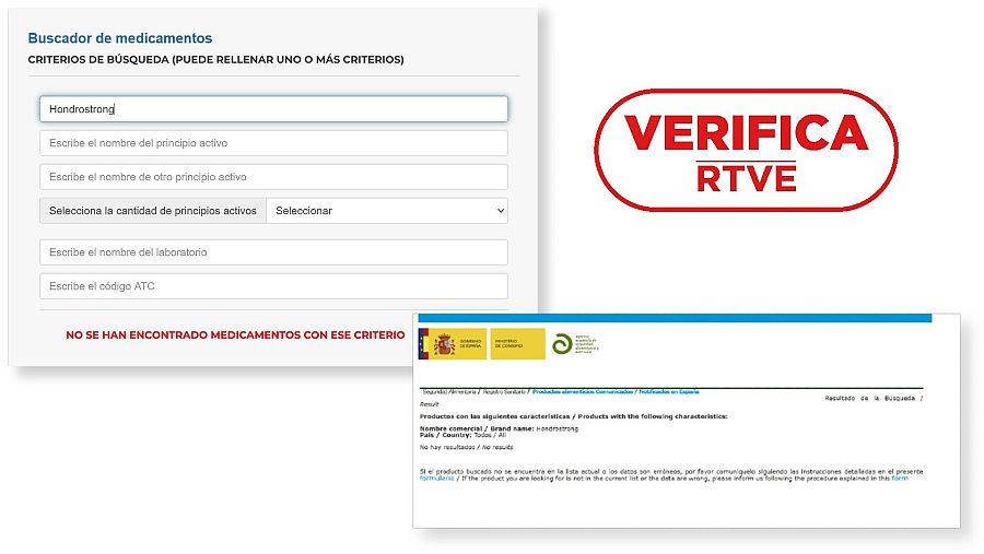 Capturas de la búsqueda con 'Hondrostrong' en los registros de AEMPS y AESAN. Con el sello VerificaRTVE en rojo.