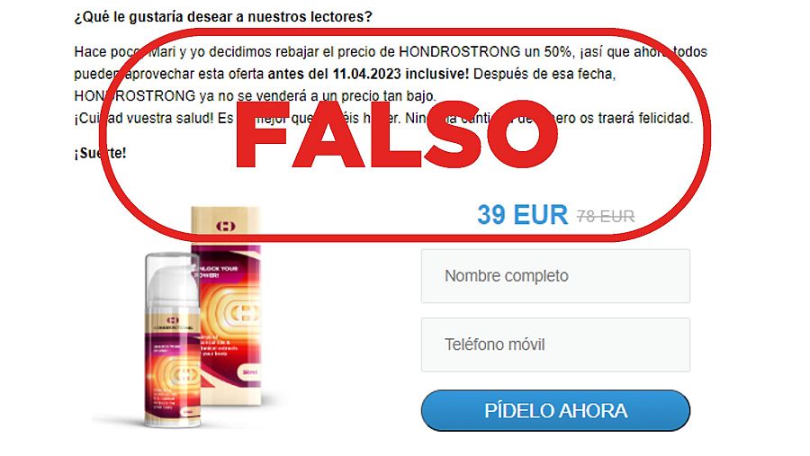 Captura de la página web donde piden datos para comprar el falso medicamento Hondrostrong. También aparece su precio que son 39 euros. Con el sello falso en rojo.