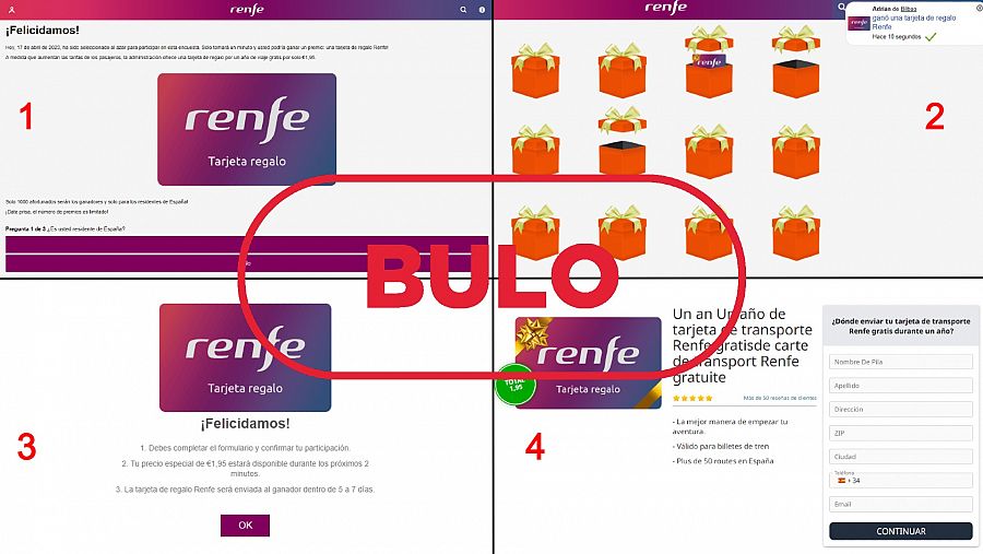 Captura de la página web que suplanta a Renfe y los pasos a seguir que ofrece para conseguir la falsa tarjeta. Con el sello bulo en rojo.