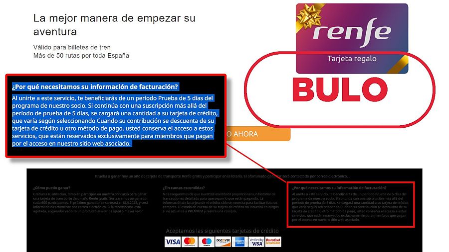 Captura de la página web fraudulenta que presenta un texto prácticamente ilegible por una tipografía gris sobre un fondo negro. Con el sello bulo en rojo.