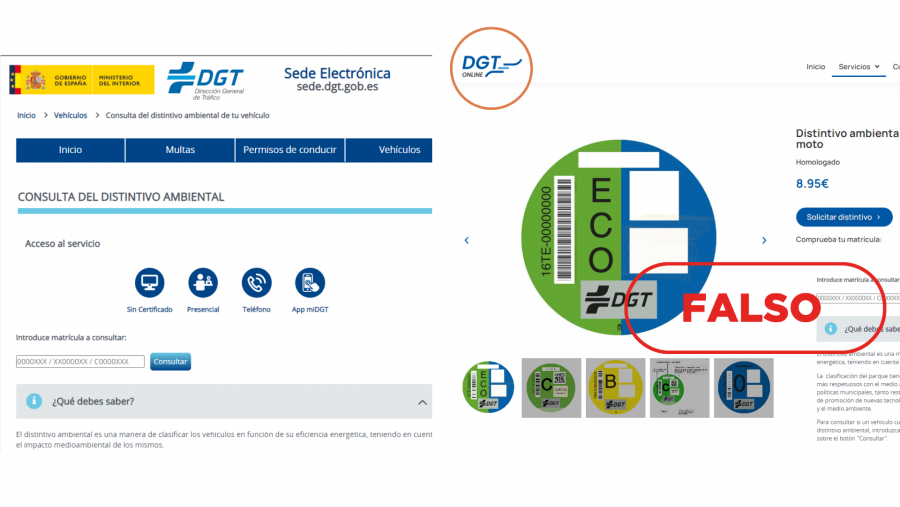 A la izquierda, imagen de la página web oficial de la Dirección General de Tráfico (DGT). A la derecha, imagen del portal web que suplanta a dicho organismo con el sello 'Falso'