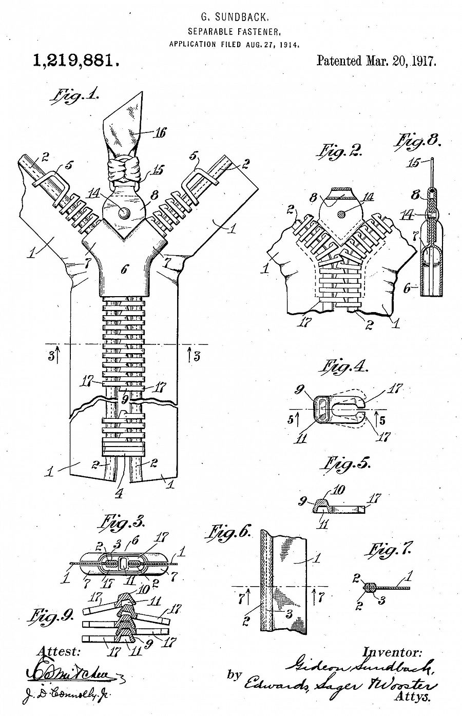1917 Gideon Sundback patenta la cremallera