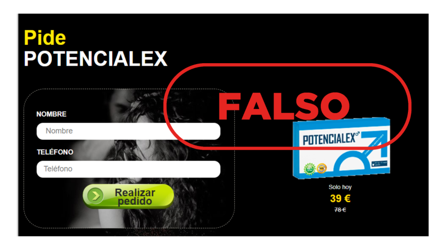 Captura de la página web donde piden datos para comprar el falso medicamento Potencialex, con el sello 'Falso' en rojo