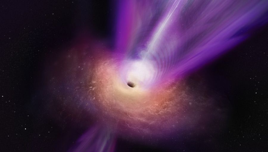 Concepción artística que muestra el flujo de acreción y el chorro del agujero negro M87