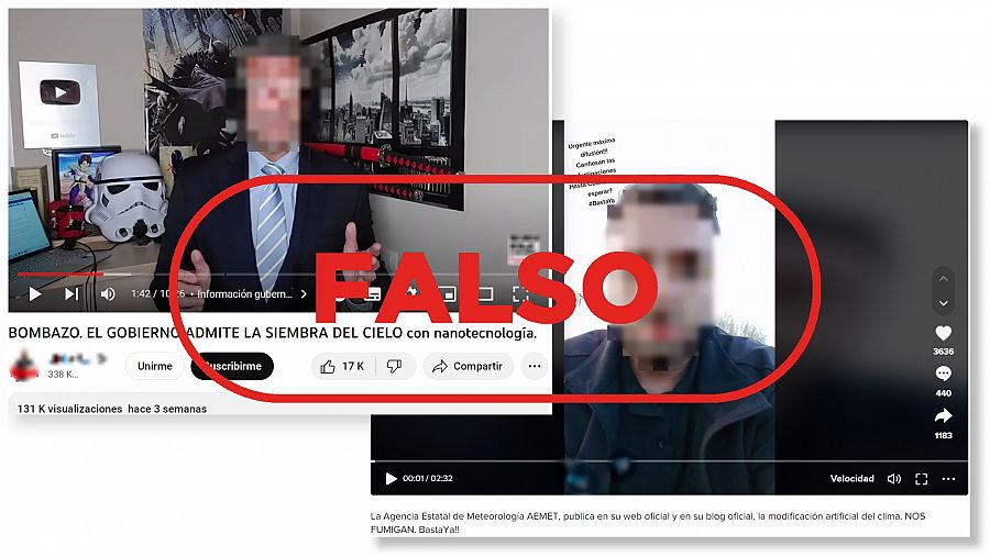 Capturas de vídeos en YouTube y TikTok que reproducen el bulo de que AEMET ha reconocido públicamente que están modificando el clima.